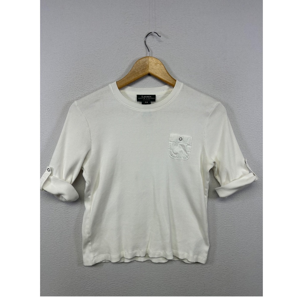 Lauren Ralph Lauren Classic Preppy Womens PM White Ribbed Roll Tab Sleeve Top
